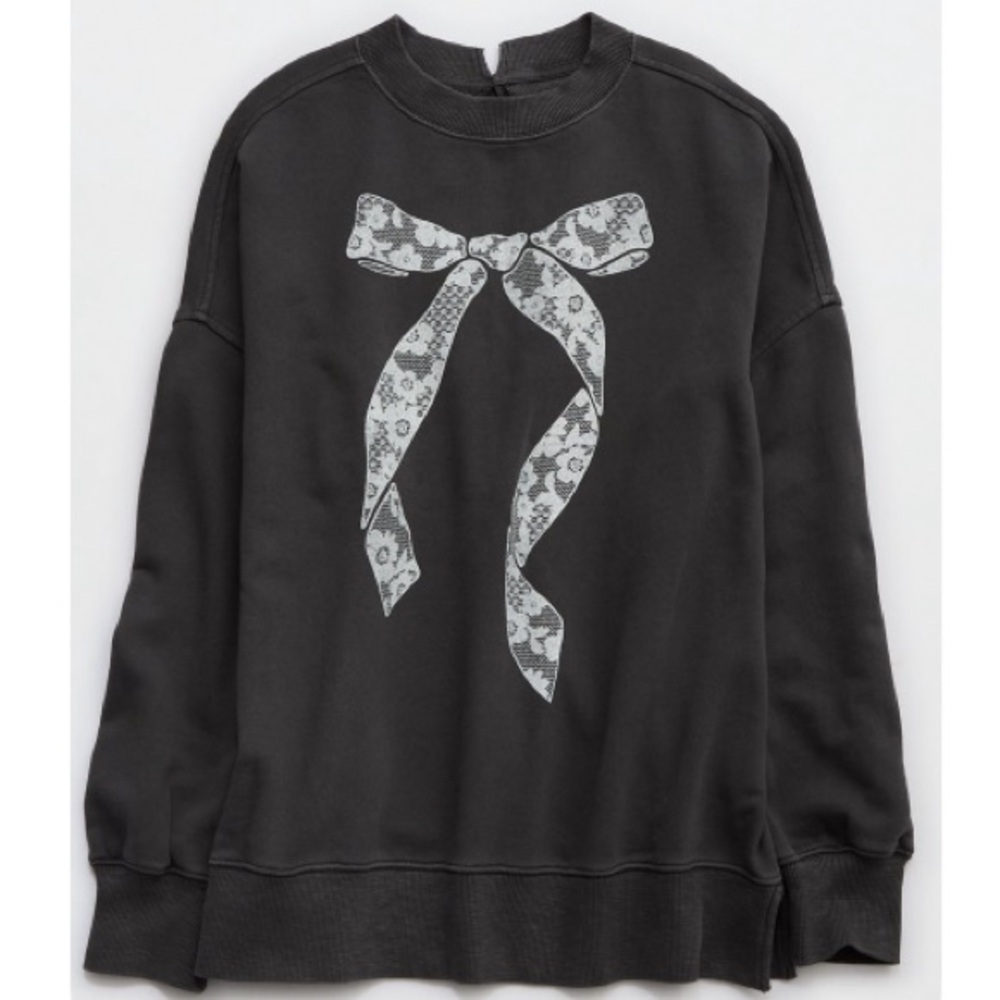 aerie Black Crewneck Sweatshirt with White Lace Bow Graphic